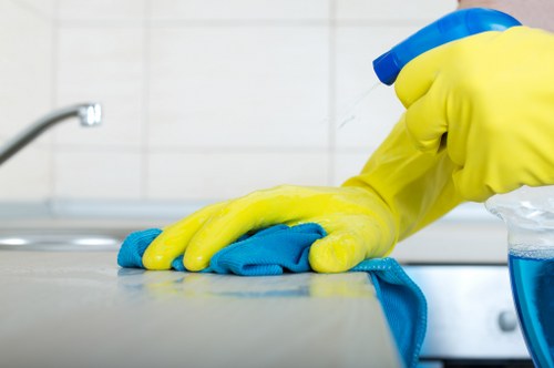 Technician checking cleaning products and safety procedures