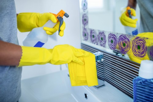 Safety-focused carpet cleaning setup with protective equipment and careful planning