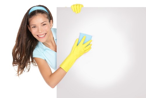 Professional cleaner working in a kitchen and living area
